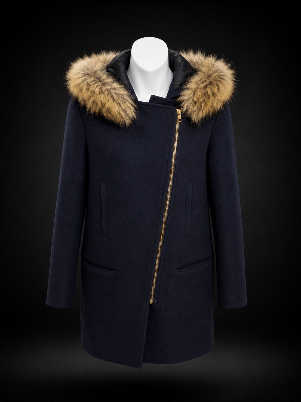 Sandro Paris Wool Coat Real Raccoon Fur Hood Navy Blue Size 36 Luxury Jacket